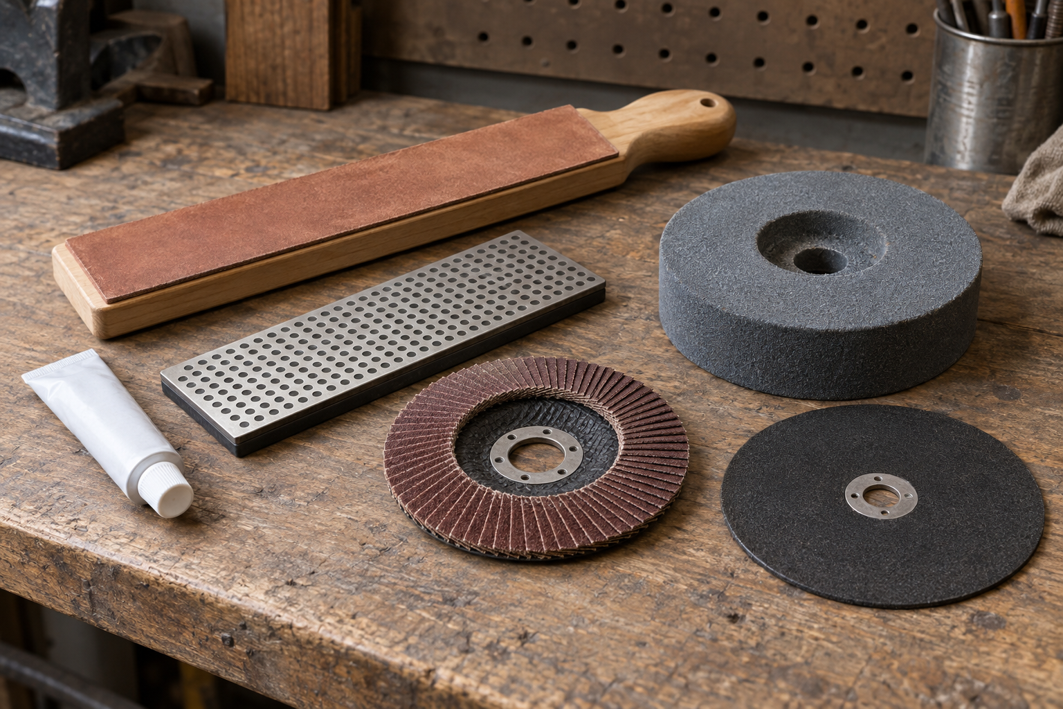 AI-generated editorial illustration of abrasives strops and grinding wheels