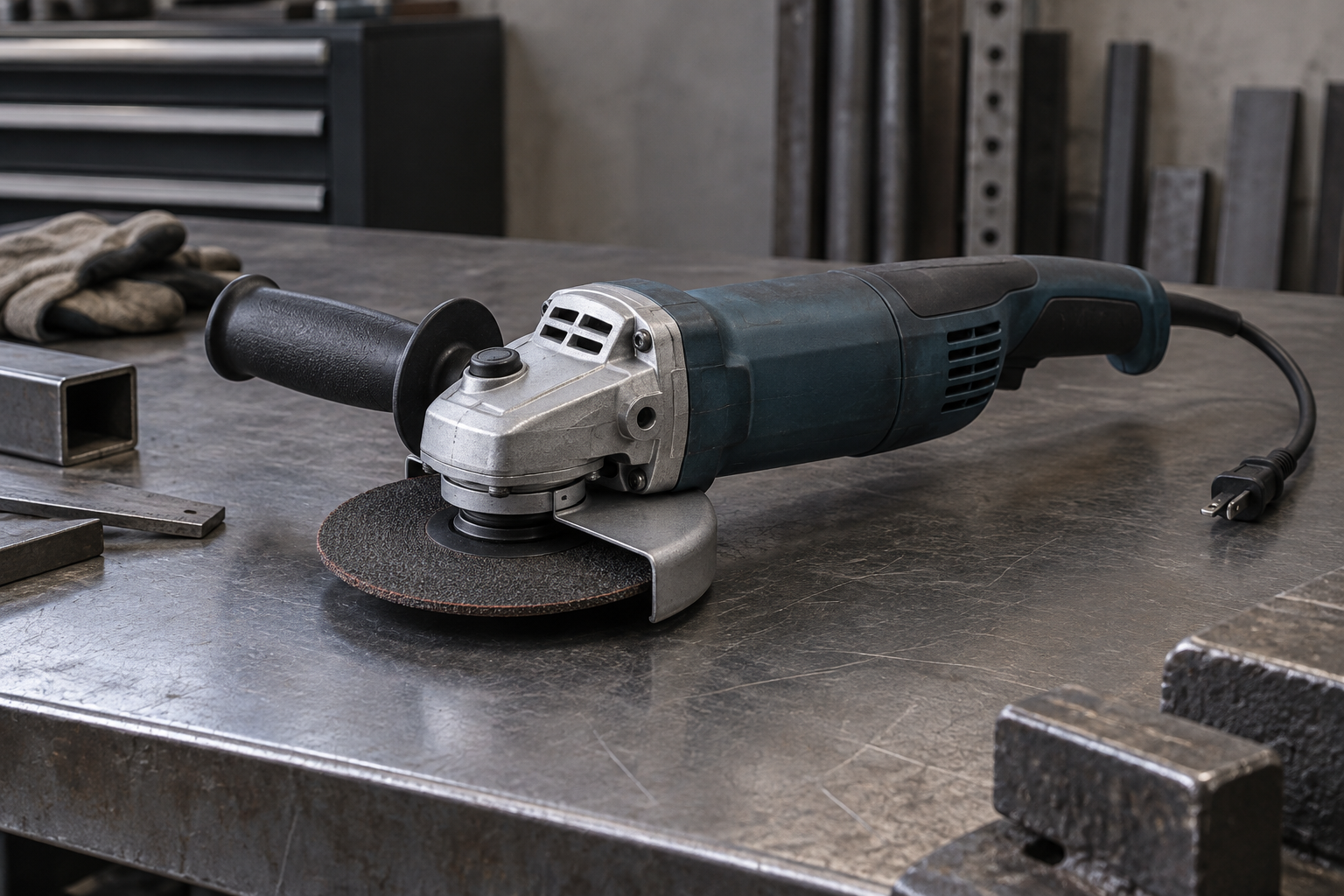 AI-generated editorial illustration of angle grinder