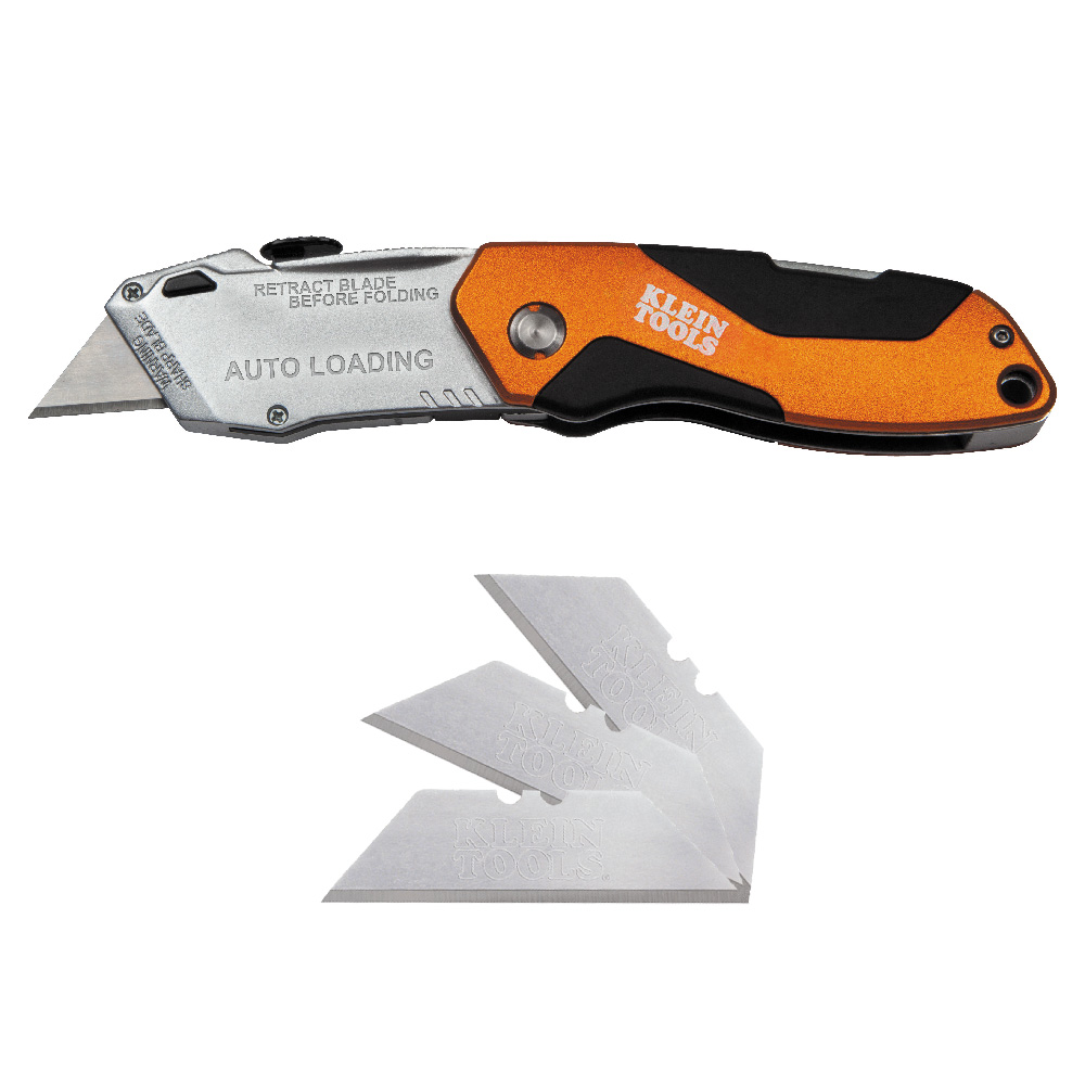 Orange Klein auto-loading folding utility knife with replaceable utility blades