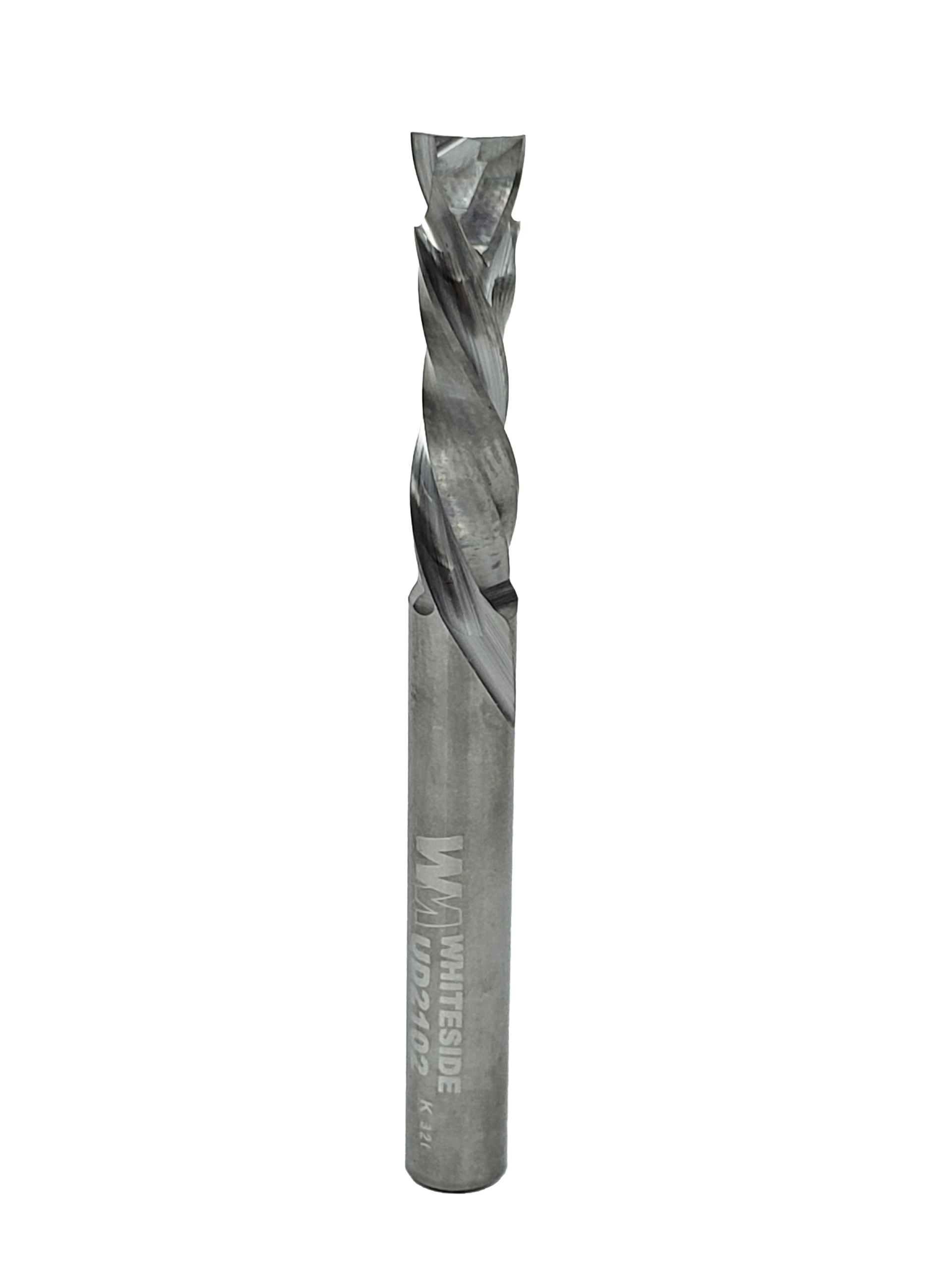 Whiteside UD2102 solid-carbide compression bit with opposing spiral sections