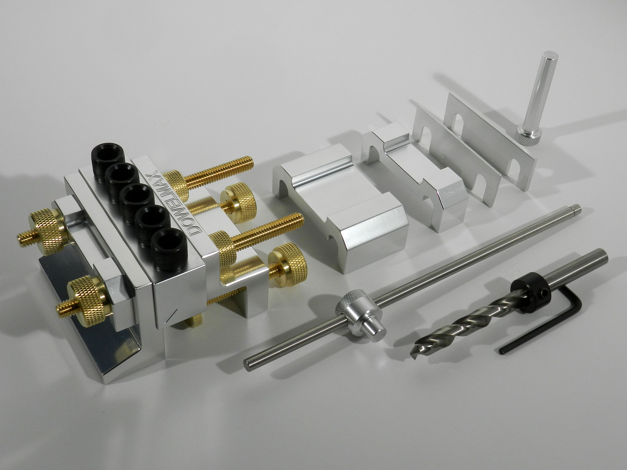 Dowelmax metal five-bushing jig with registration spacers, drill and depth stop