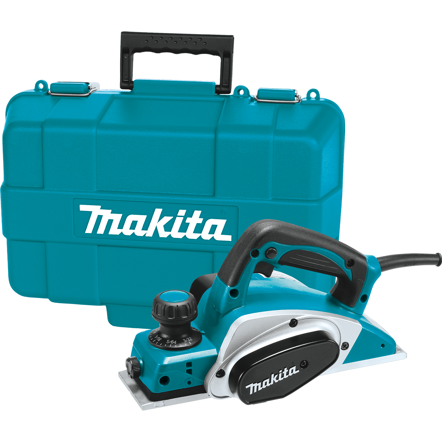 Makita corded handheld planer with depth knob and turquoise carrying case