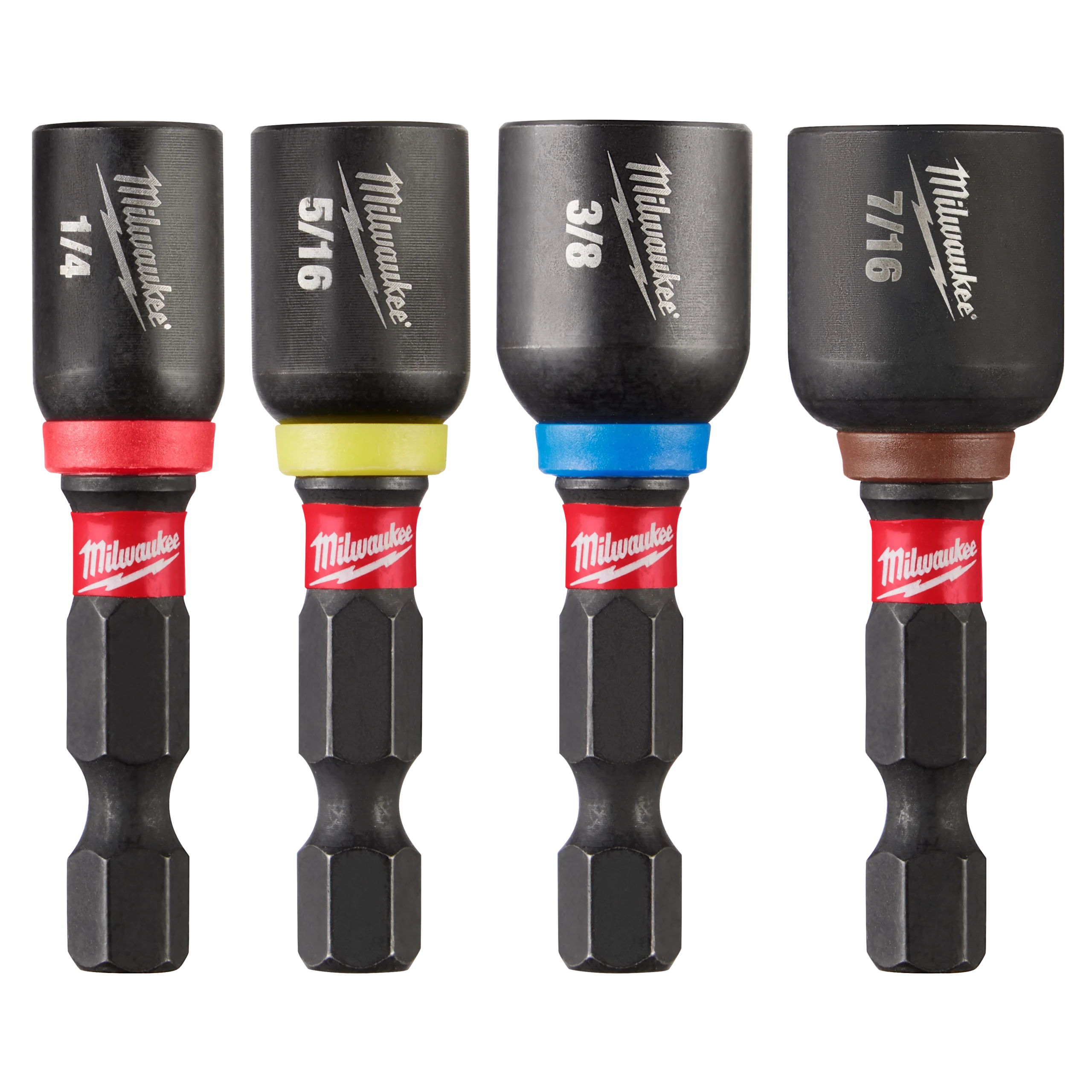 Four Milwaukee impact-rated hex-shank nut setters with marked SAE socket sizes