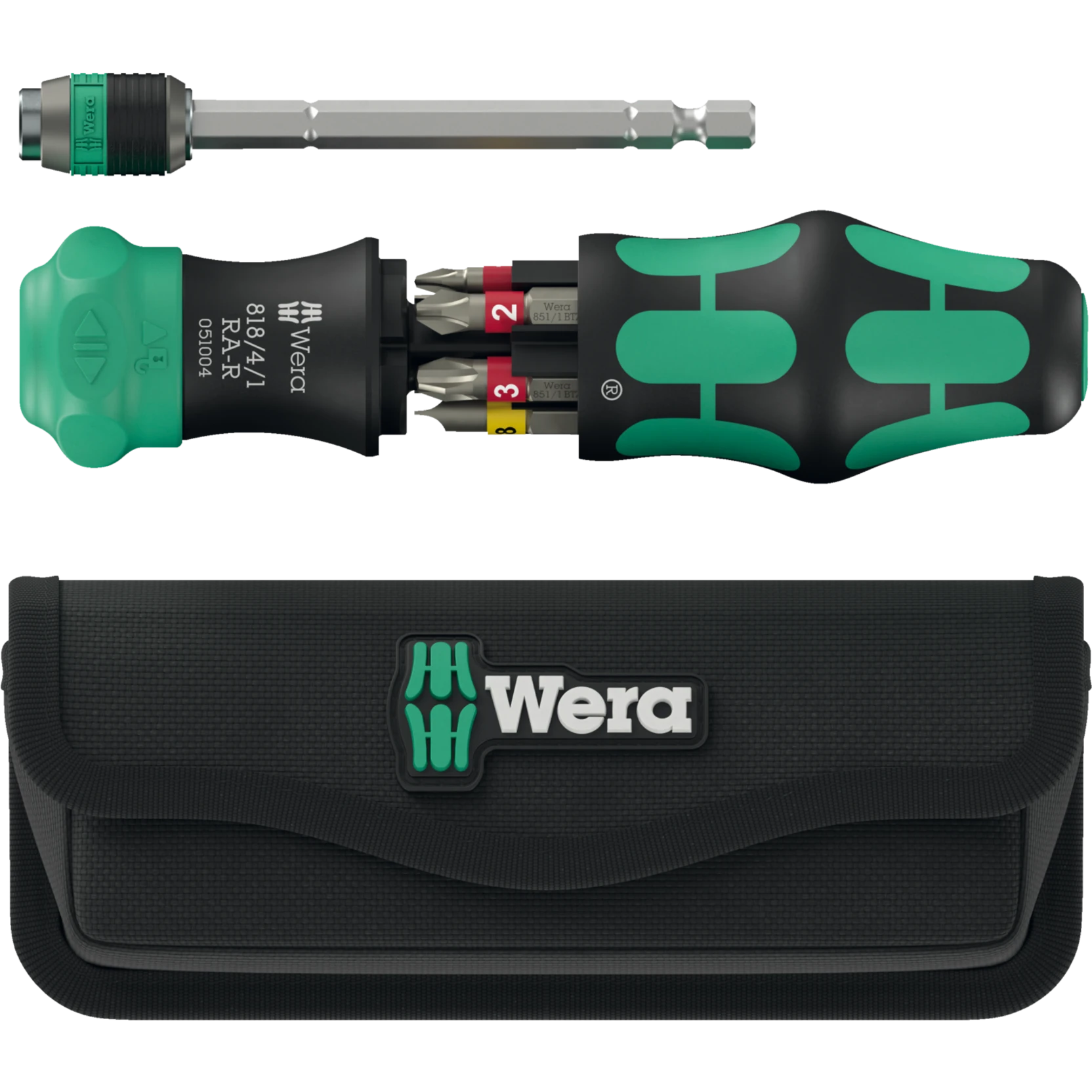 Wera ratcheting driver with open bit magazine, Rapidaptor blade and pouch