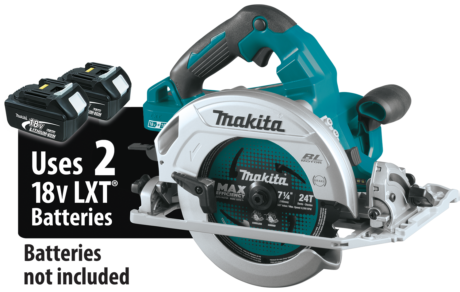 Makita XSH08Z circular saw with guide-rail-compatible base and dual-battery manufacturer callout