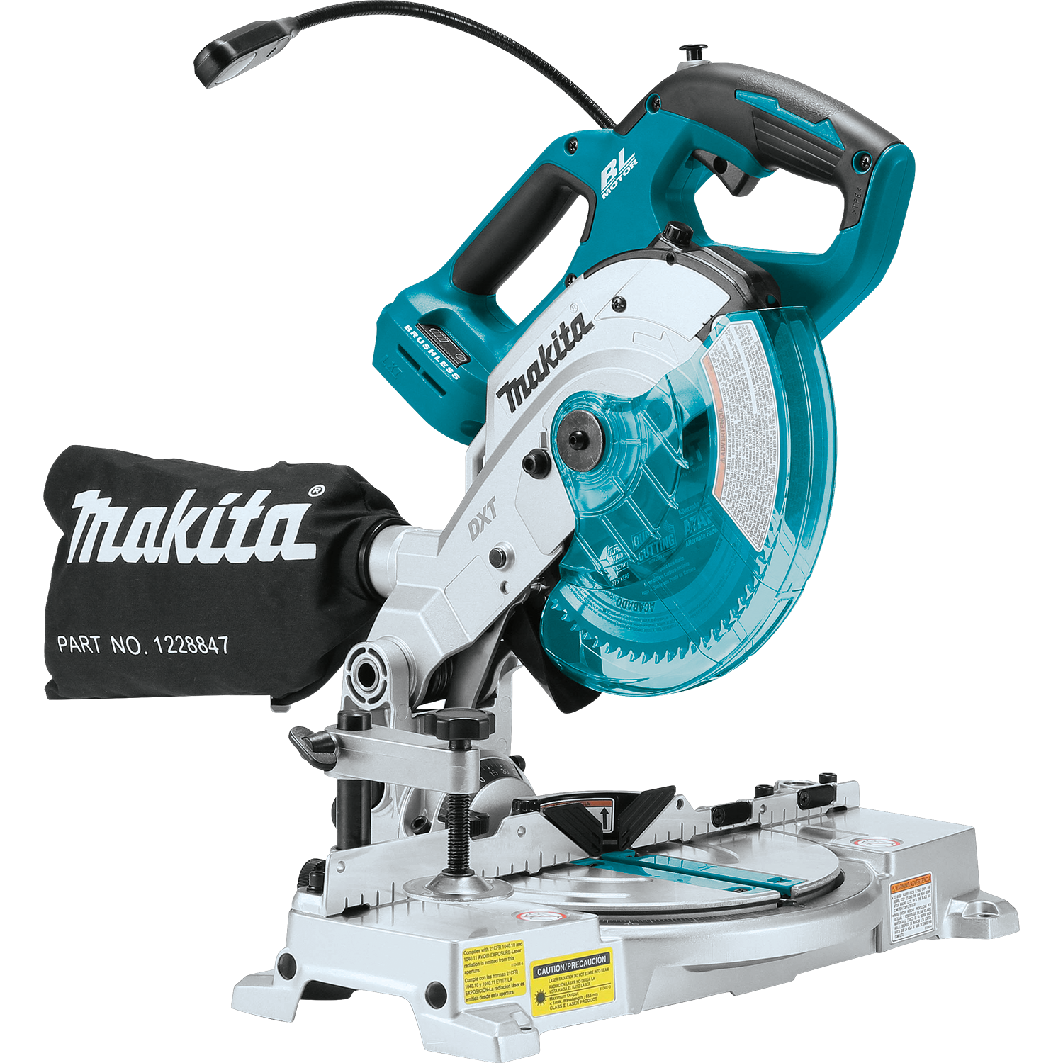 Makita compact dual-bevel miter saw with clear blade guard and dust bag