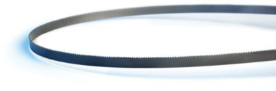 Manufacturer close view of a continuous-loop metal-cutting bandsaw blade with visible teeth.