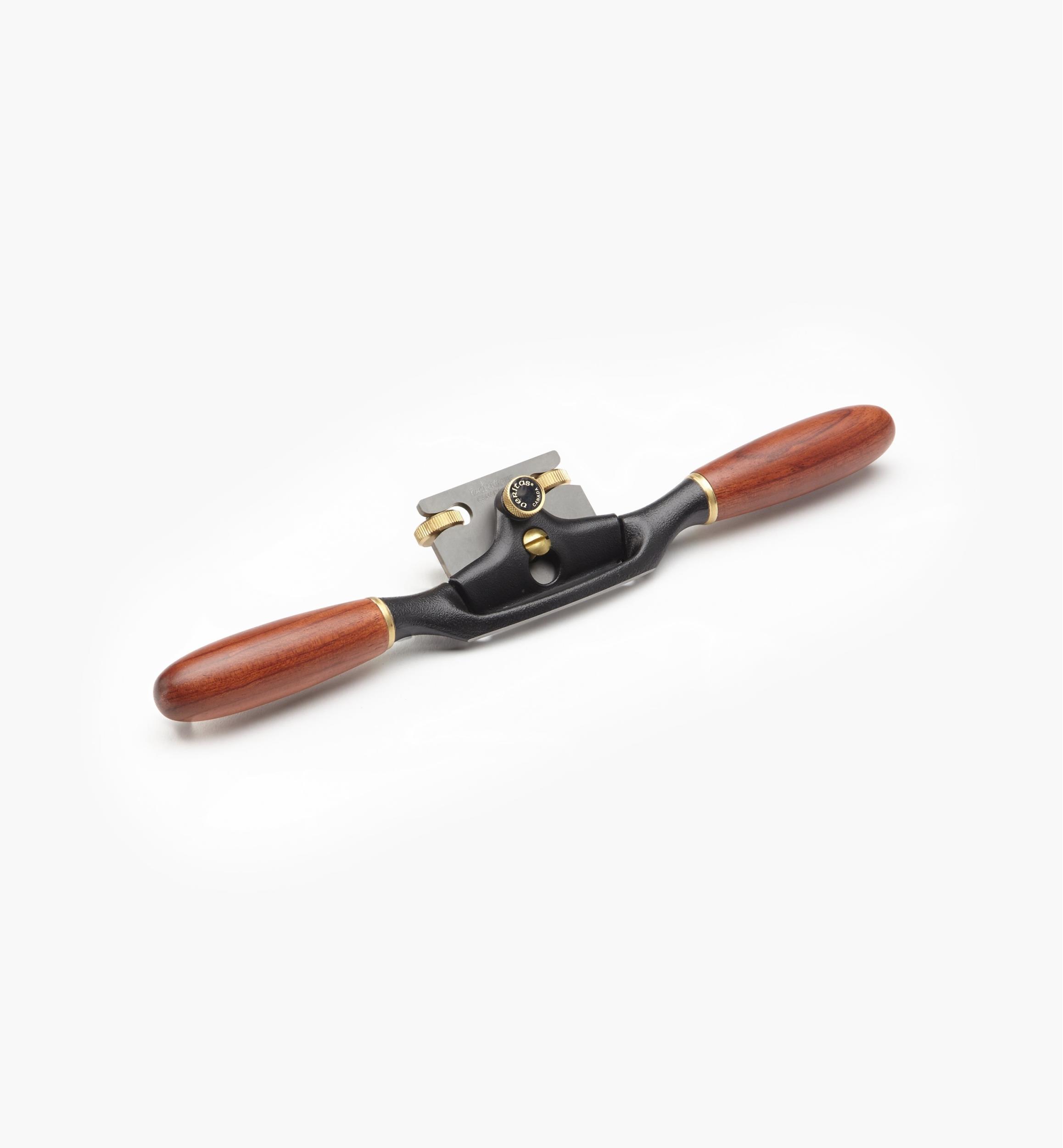 Veritas round-bottom spokeshave with hardwood handles, twin blade adjusters and metal body.