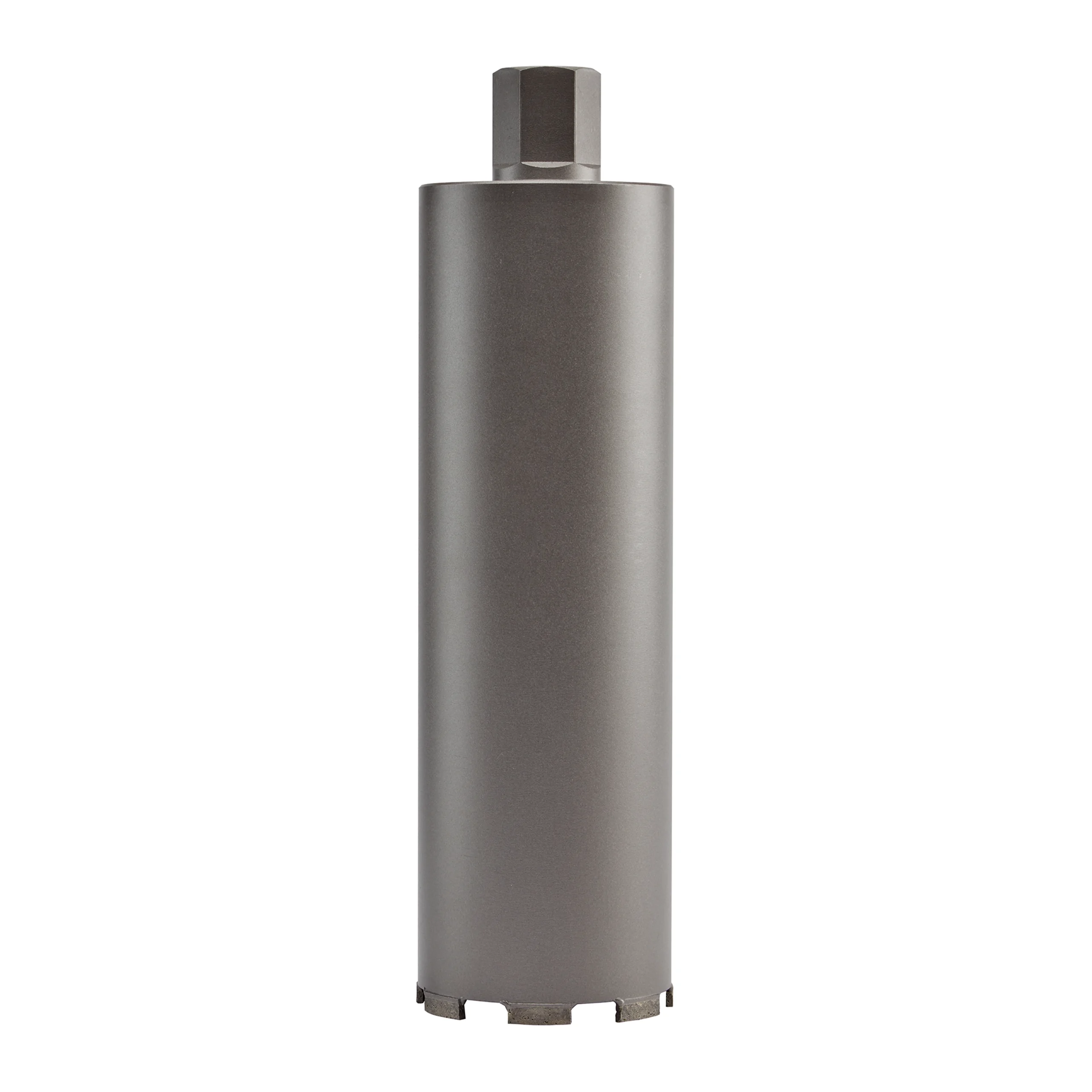 Long hollow diamond core bit with segmented cutting rim and threaded mounting end.