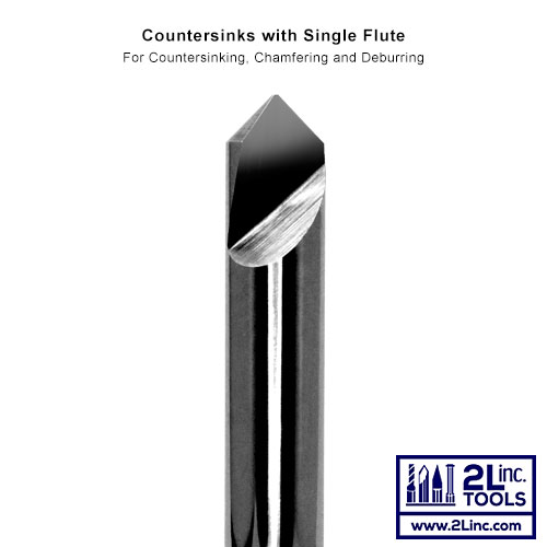 Close-up of a conical countersink with one cutting flute, manufacturer heading and 2L logo.