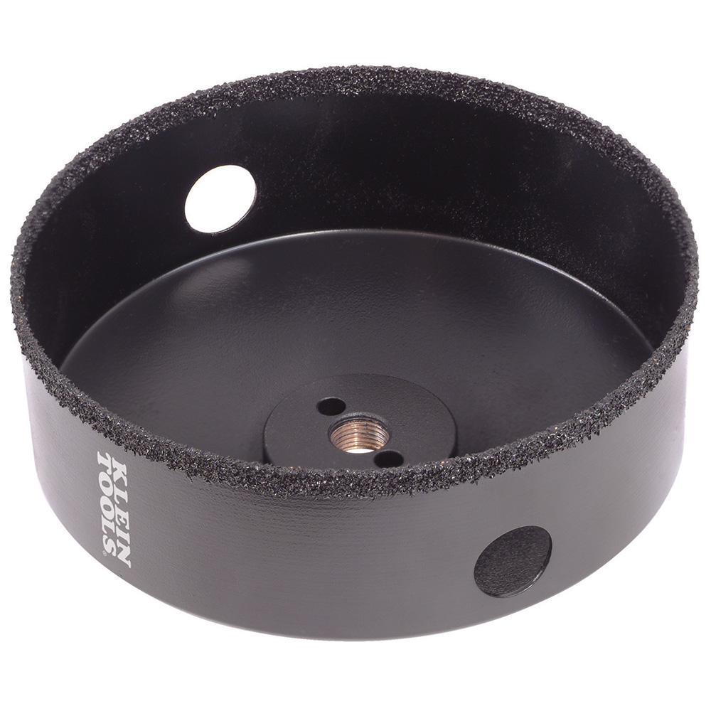 Black fixed-diameter cup hole saw with abrasive carbide-grit rim and central arbor fitting.