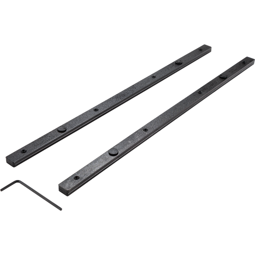 Two straight black guide-rail connector bars with clamp screws and a hex key.