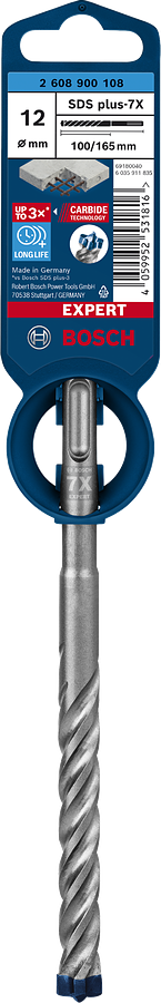 Bosch SDS plus-7X bit in original packaging with carbide-head illustration, SDS shank and spiral flutes.