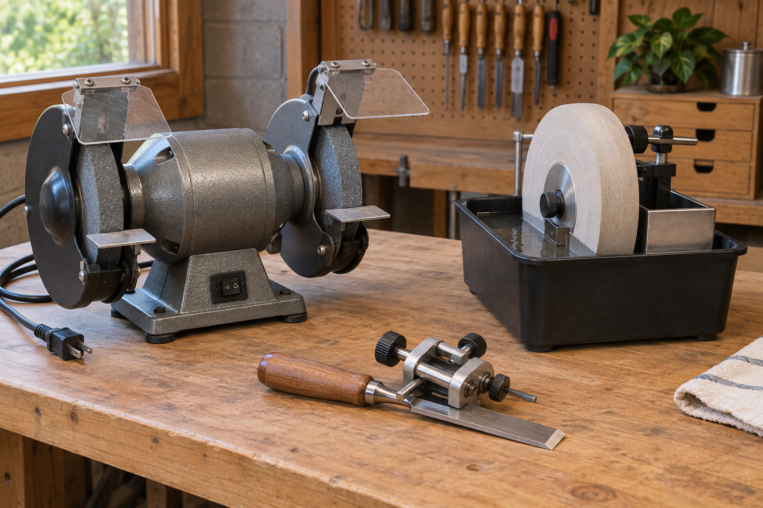 AI-generated editorial illustration of bench grinder and sharpening jig