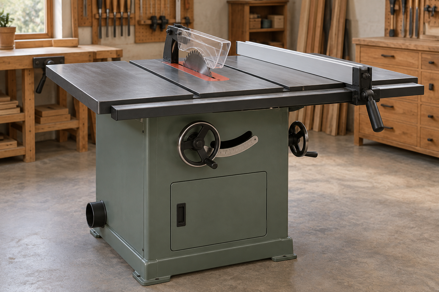 AI-generated editorial illustration of cabinet table saw.
