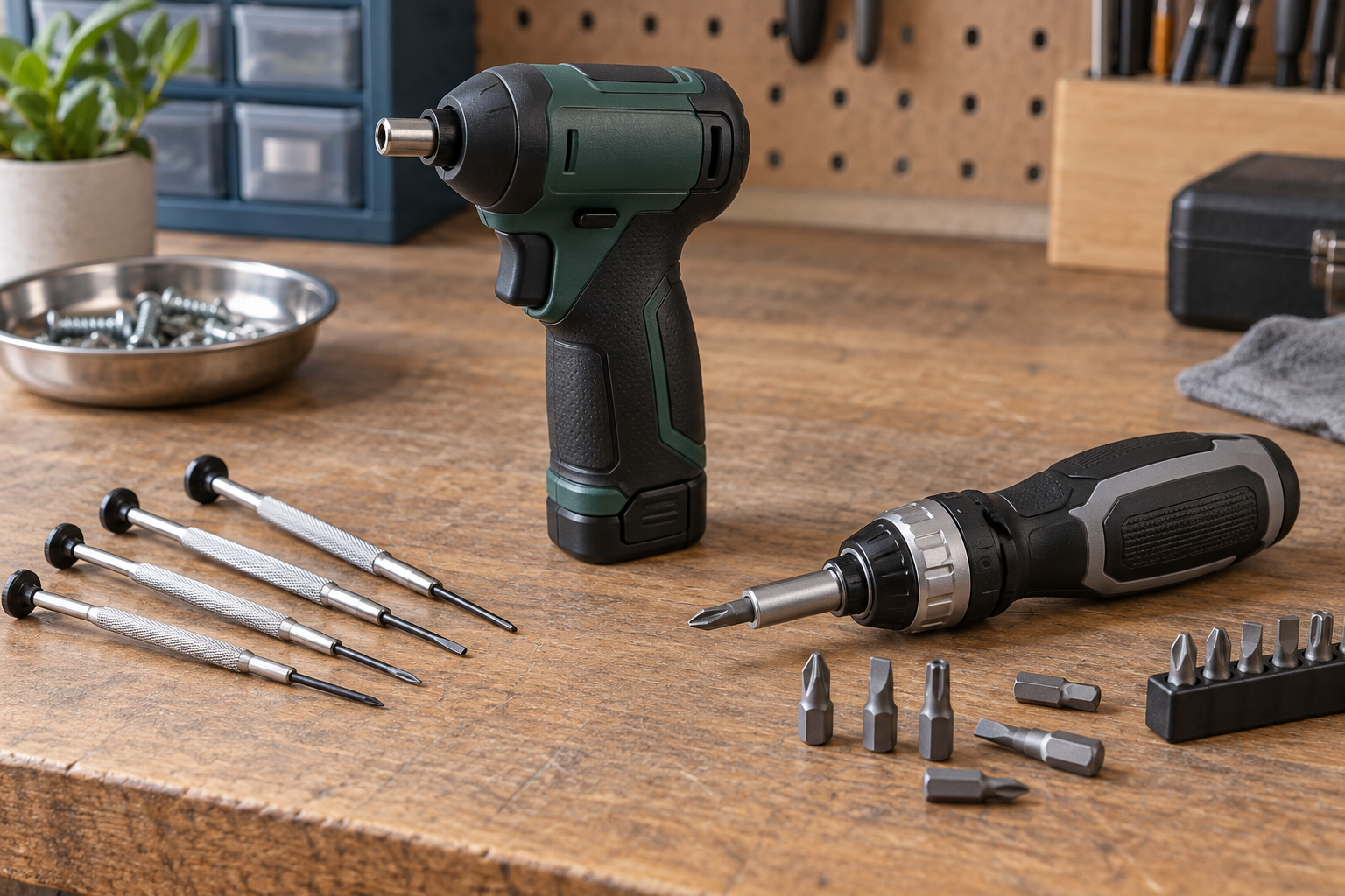 AI-generated editorial illustration of compact screwdriver and precision drivers