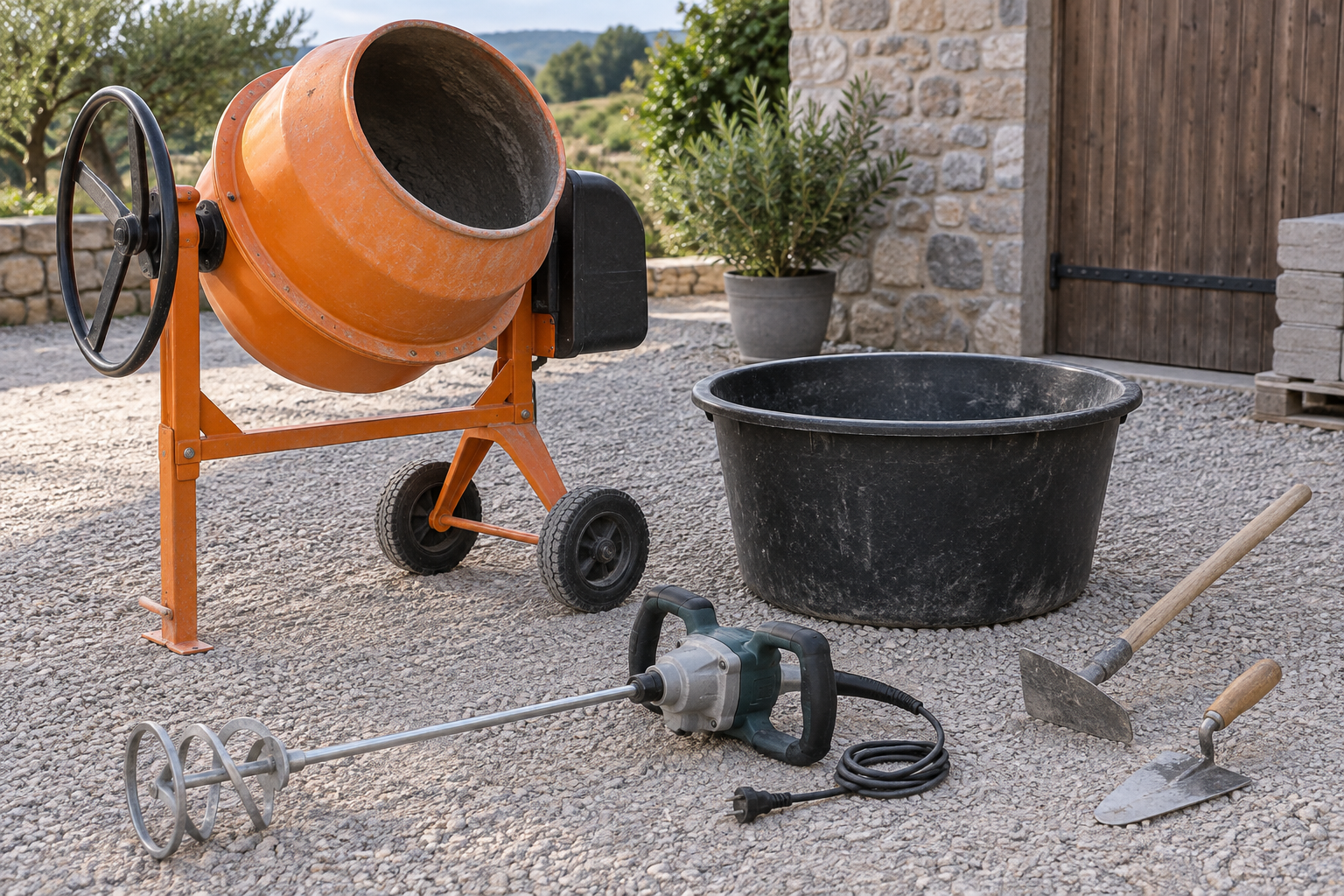 AI-generated editorial illustration of concrete mortar mixing tools