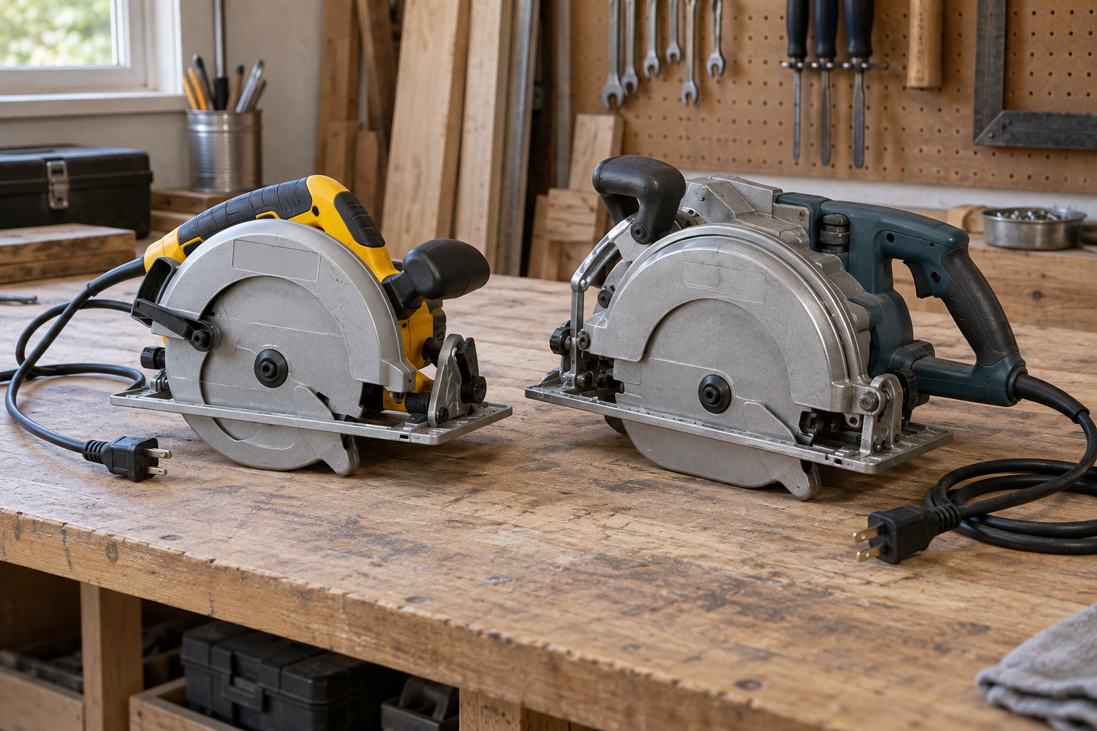 AI-generated editorial illustration of corded circular and rear handle saws