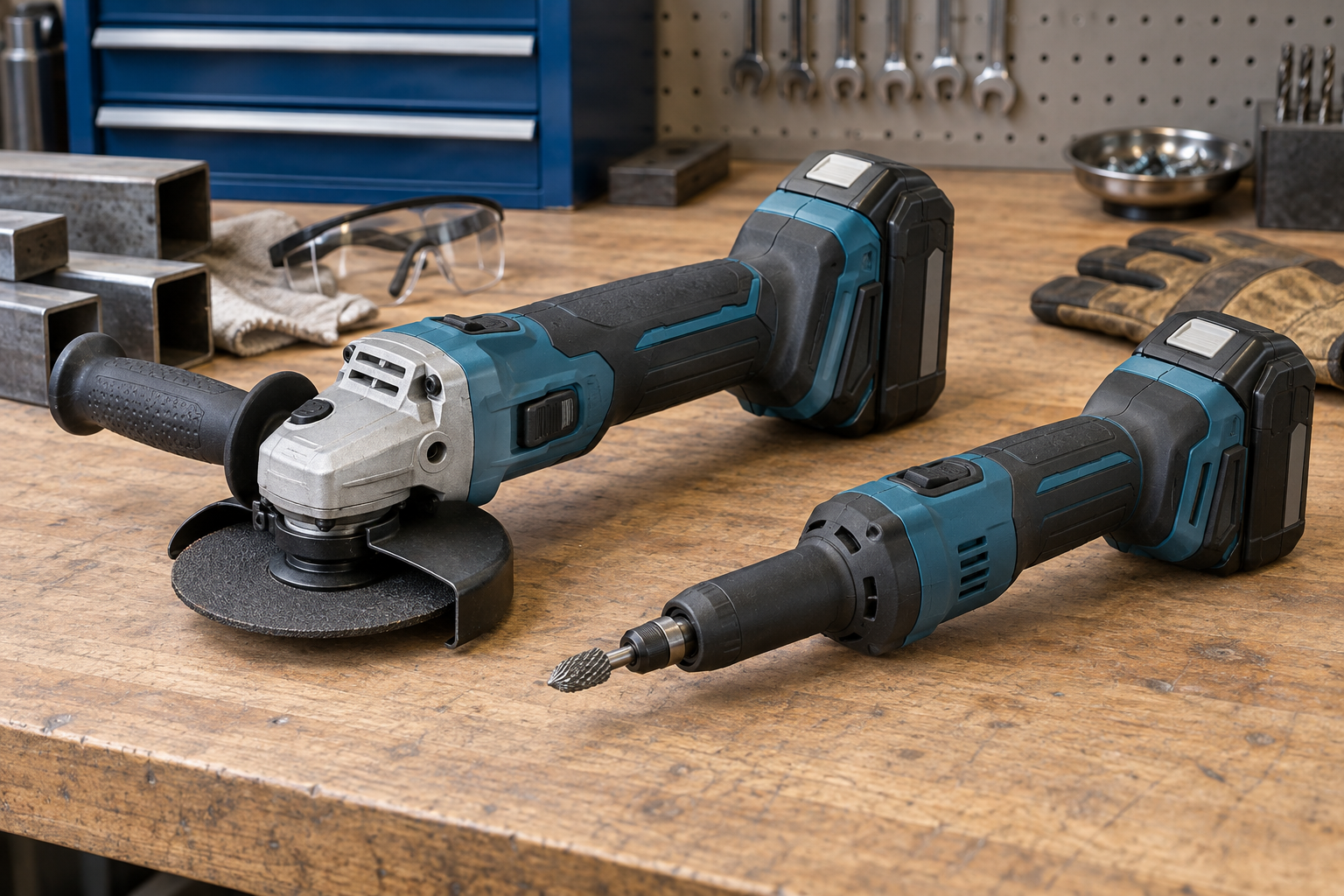 AI-generated editorial illustration of cordless grinders