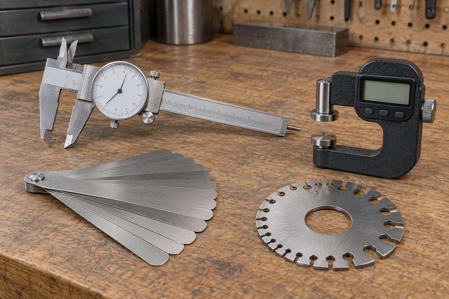AI-generated editorial illustration of dial caliper and inspection gauges