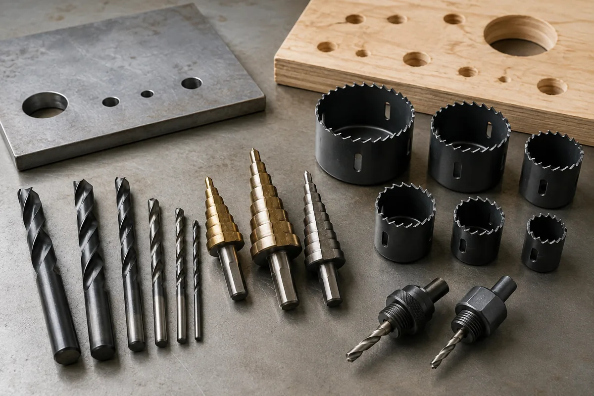 Editorial illustration: twist drill bits, step bits and hole saws beside drilled material samples.