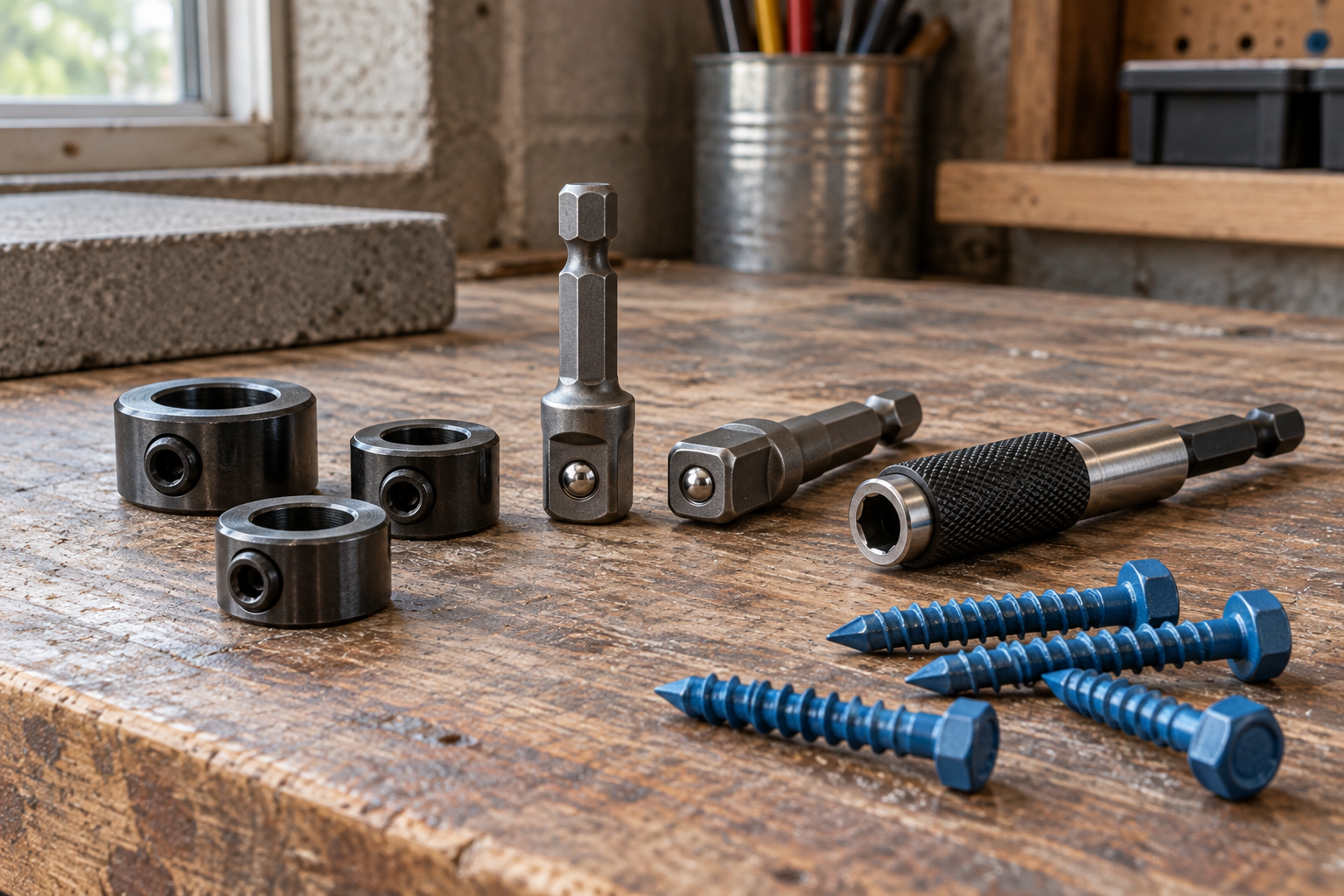 AI-generated editorial illustration of drill stop collars and adapters