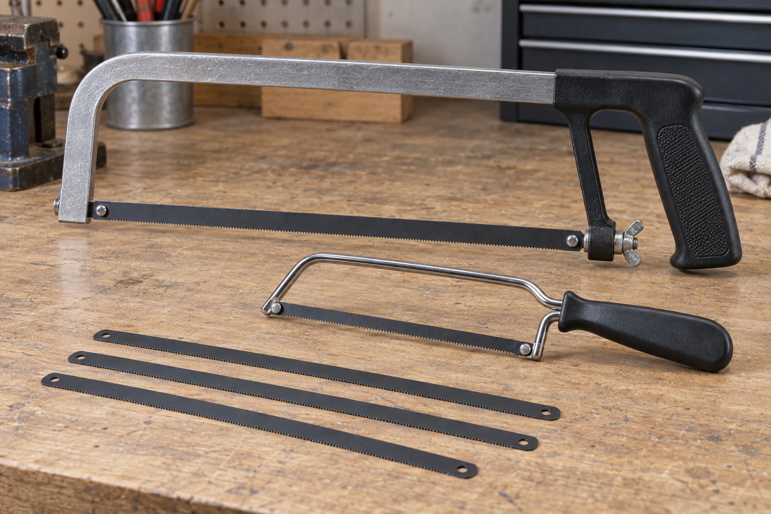 AI-generated editorial illustration of hacksaws and replacement blades