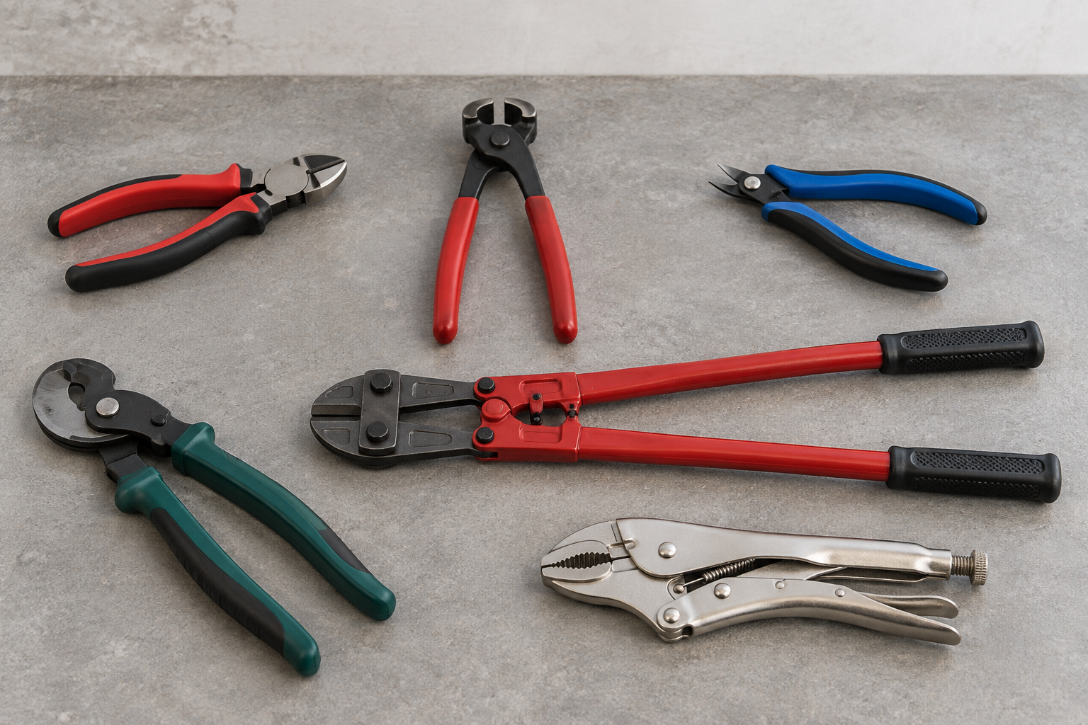AI-generated editorial illustration of hand cutting pliers and bolt cutters