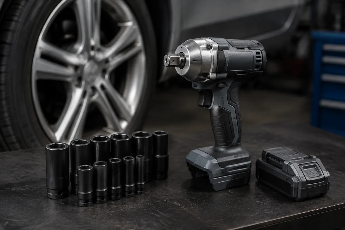 Editorial illustration: cordless impact wrench with impact sockets beside a vehicle wheel.