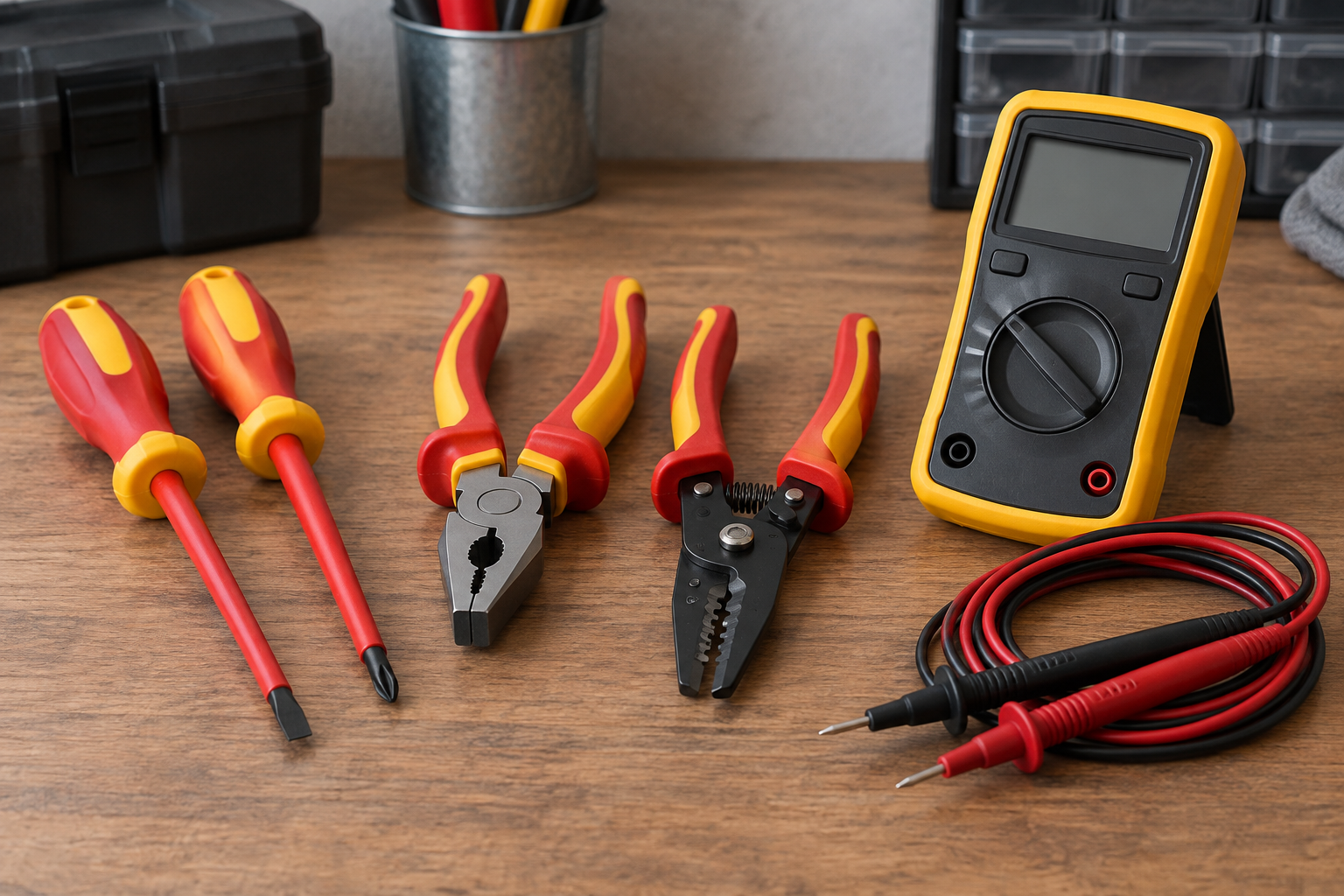 AI-generated editorial illustration of insulated electrical tools