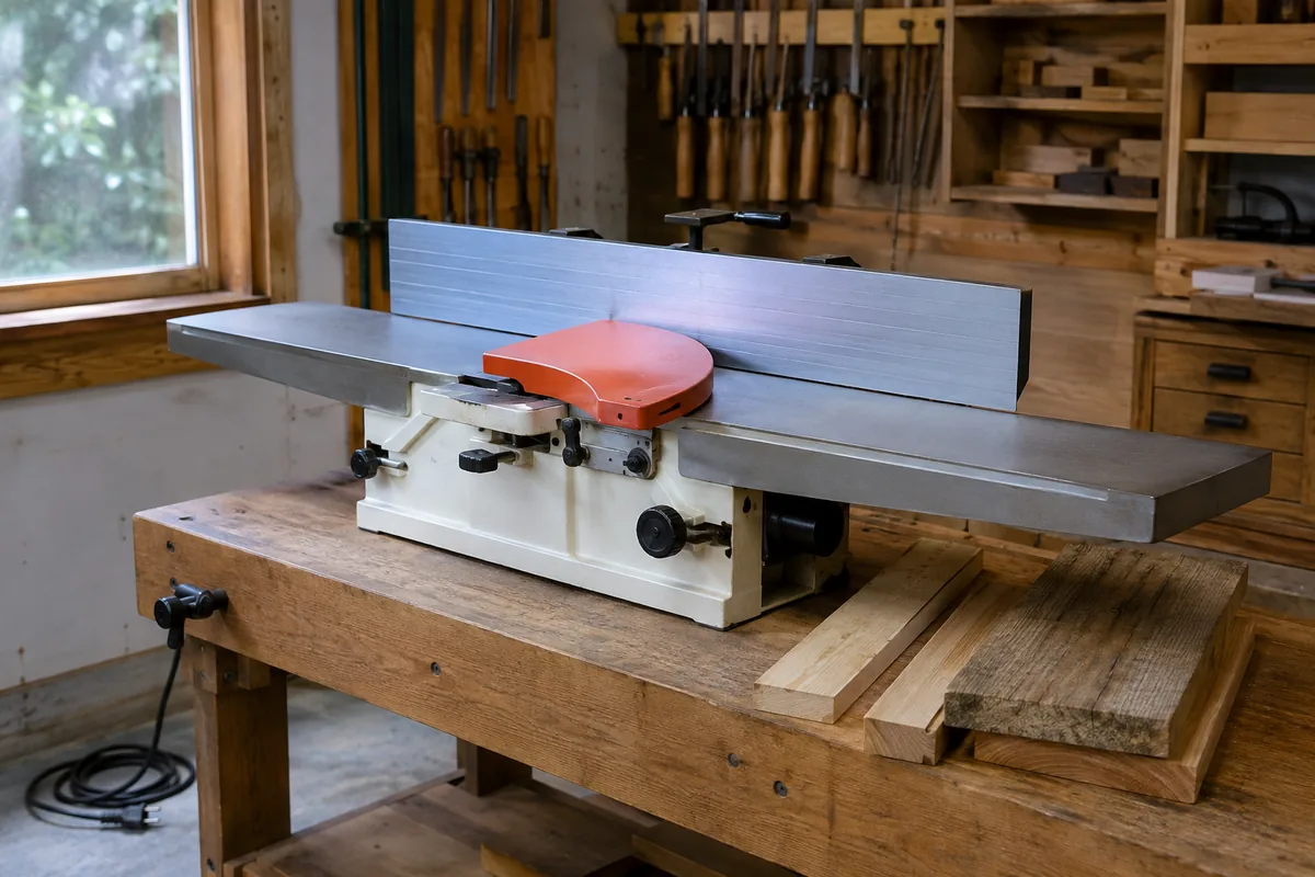 Editorial illustration: benchtop jointer with long flat tables and a cutter guard.