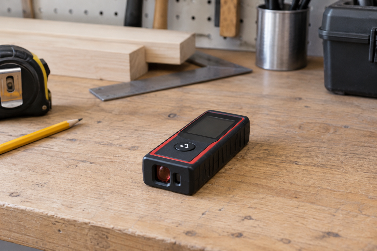 Editorial illustration: laser distance meter lying on a bench with its screen unlit.