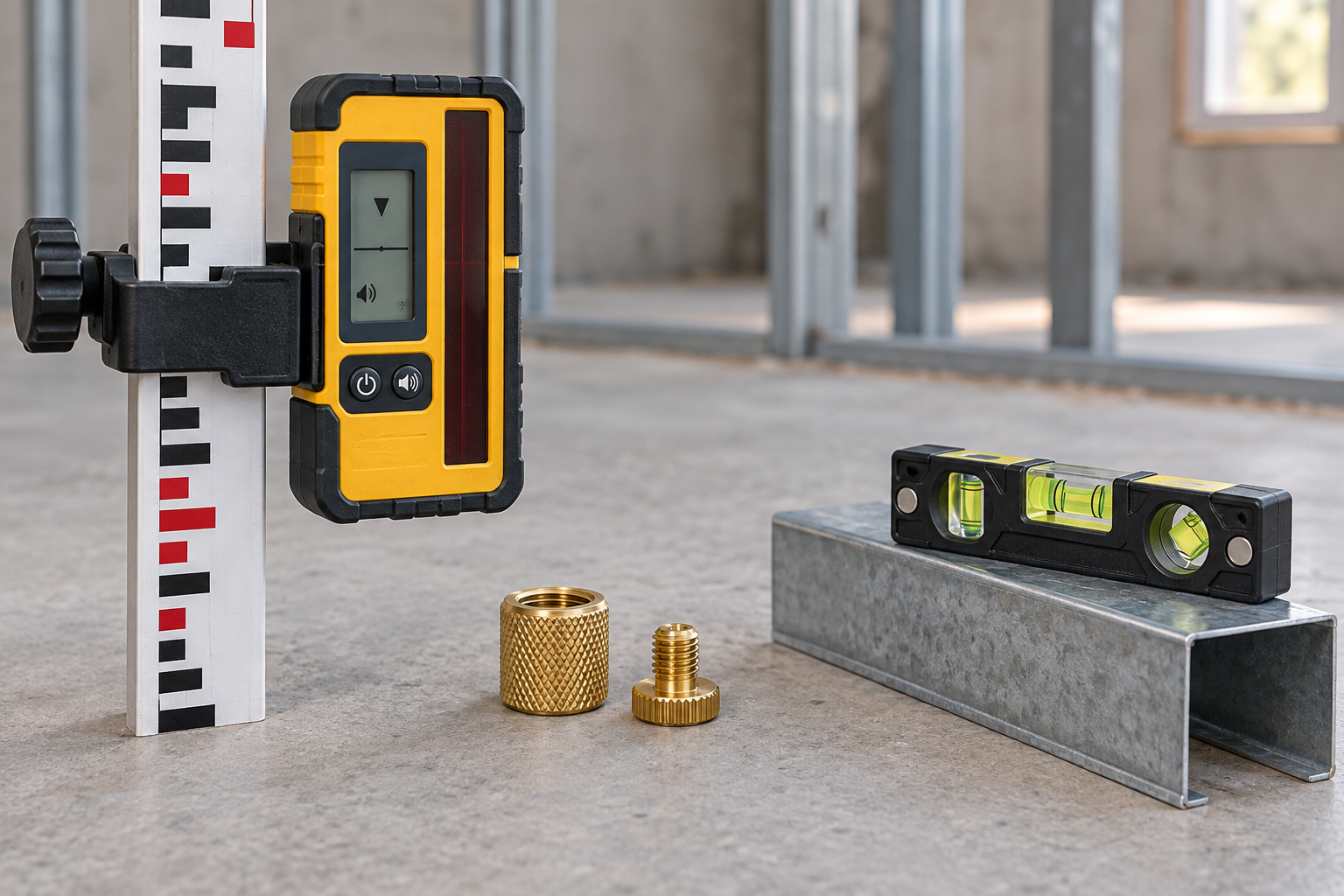 AI-generated editorial illustration of laser receiver thread adapter and magnetic level