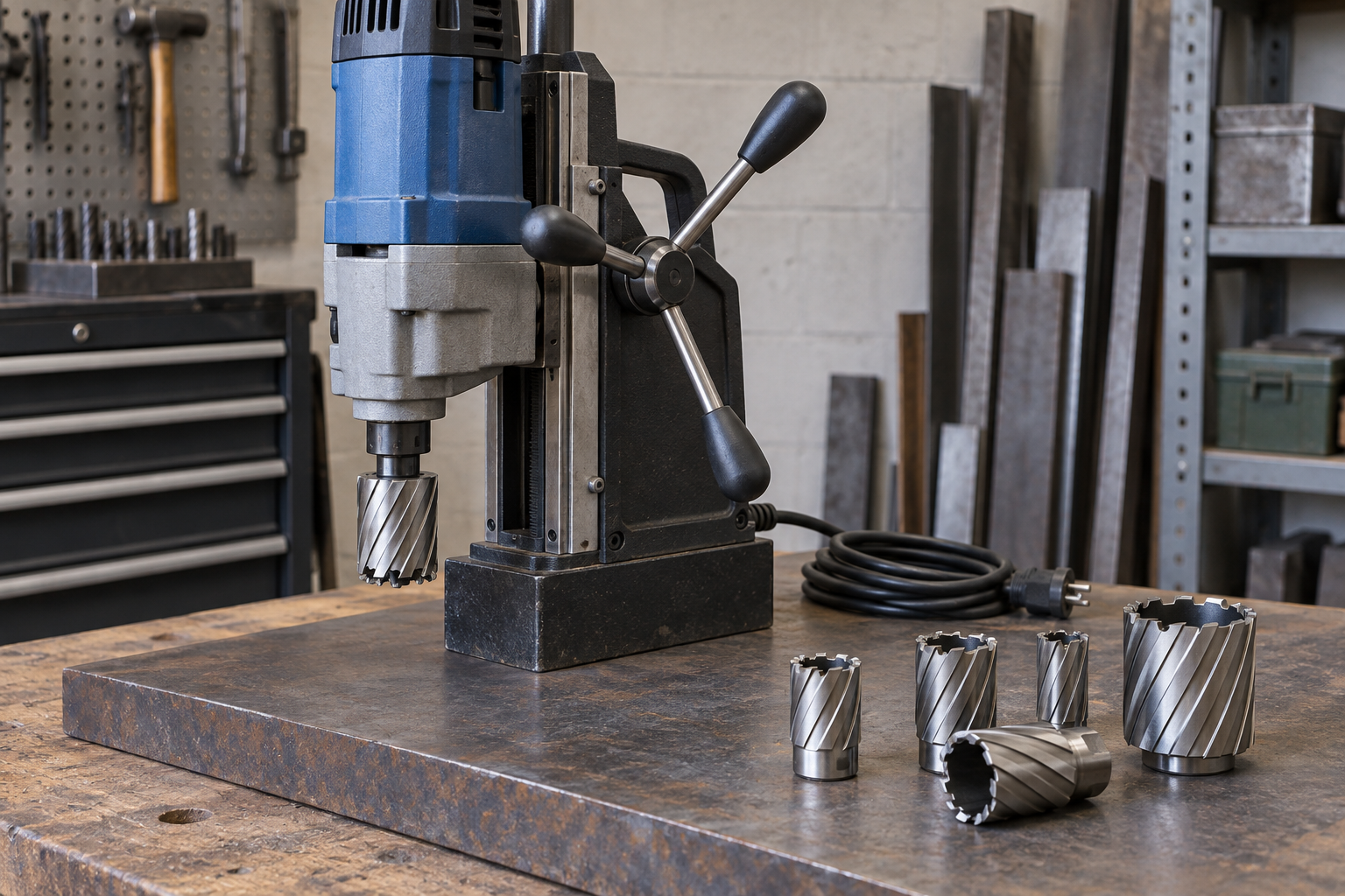 AI-generated editorial illustration of magnetic drill and annular cutters