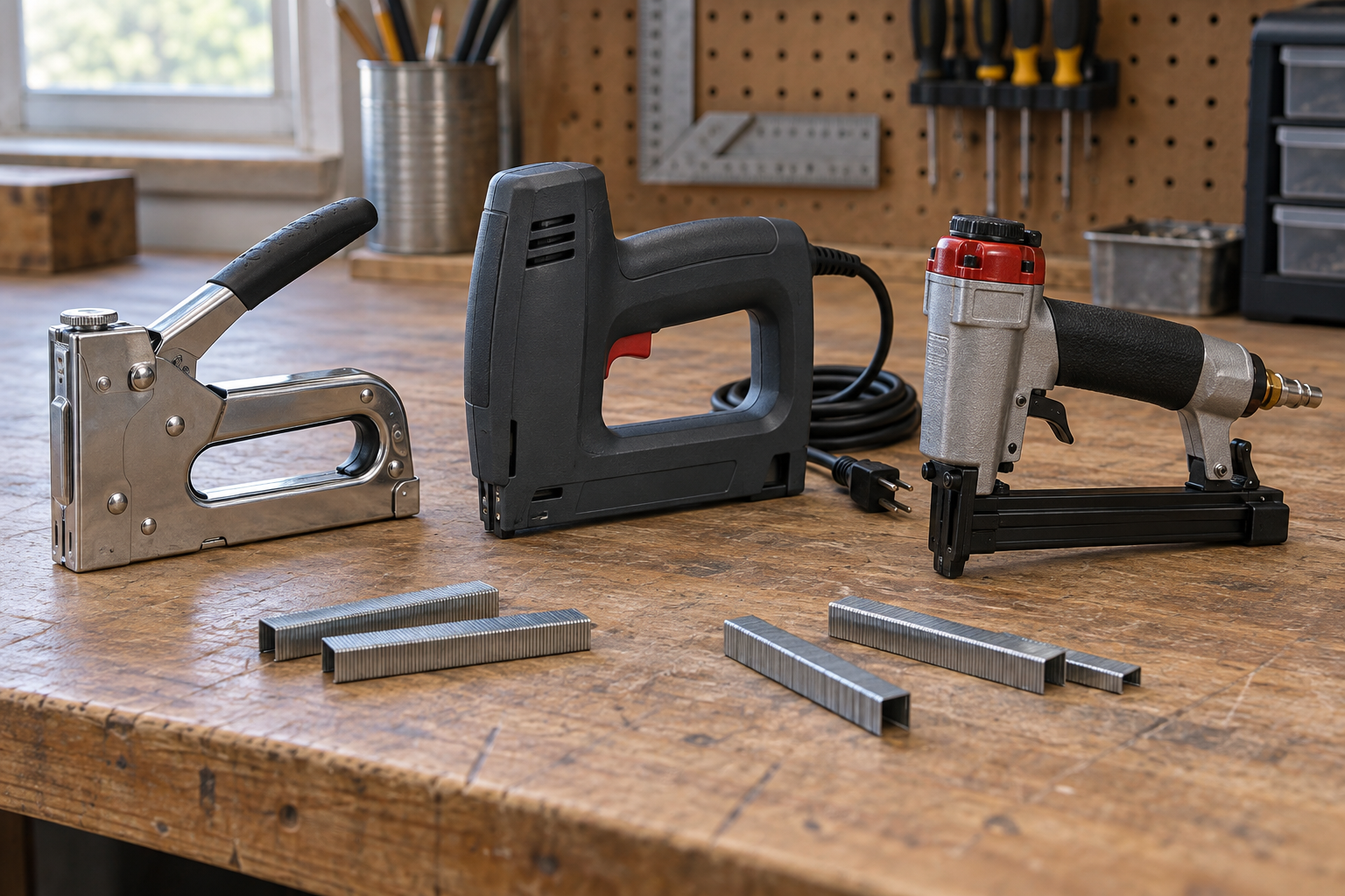 AI-generated editorial illustration of manual electric and pneumatic staplers