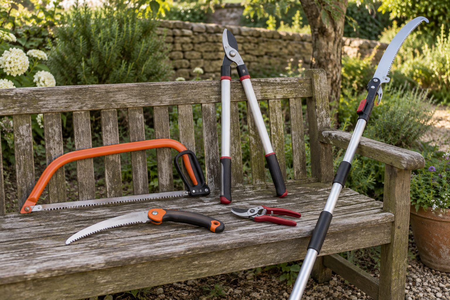AI-generated editorial illustration of manual garden saws and loppers