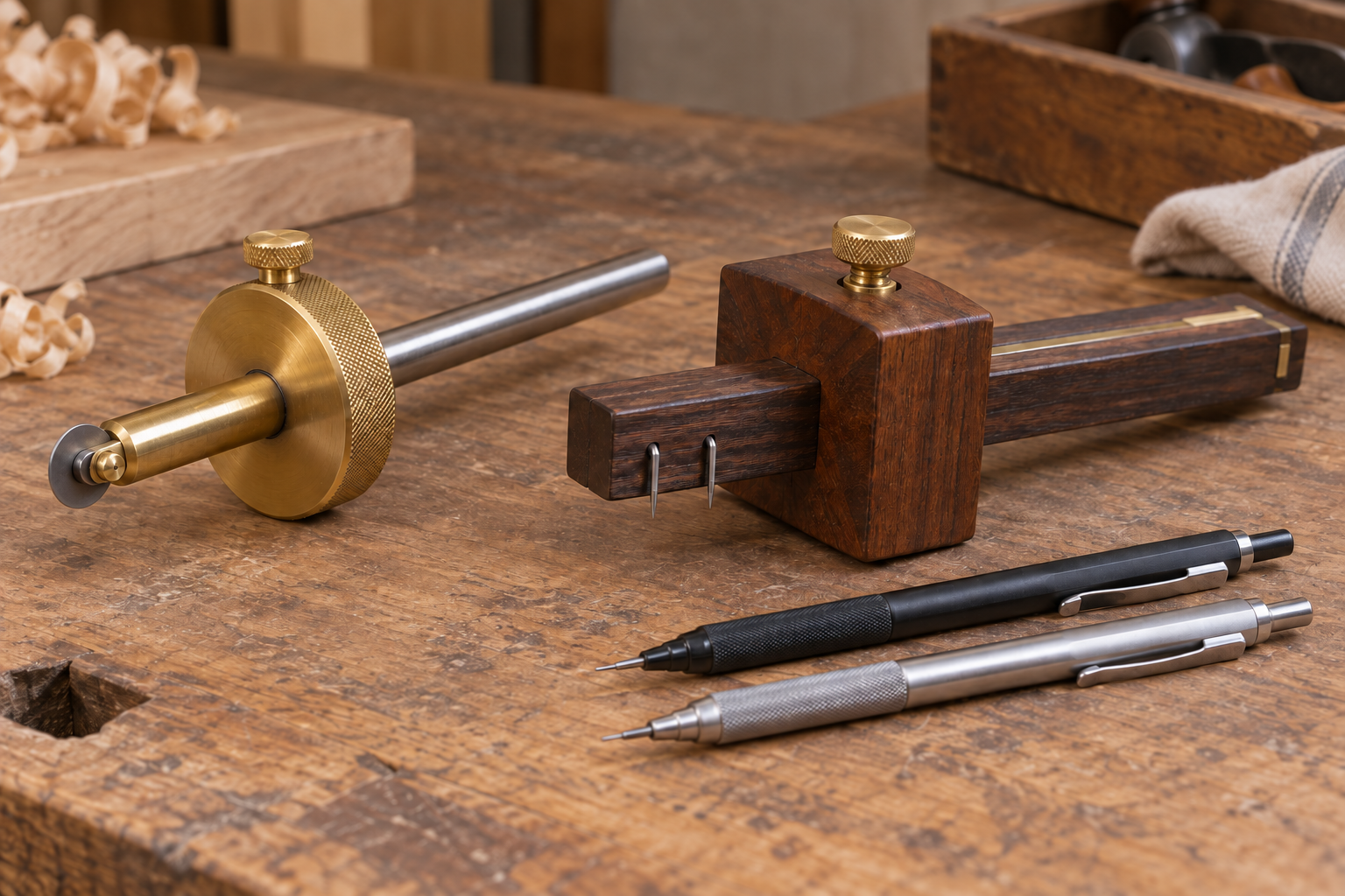 AI-generated editorial illustration of marking gauges and mechanical pencils corrected