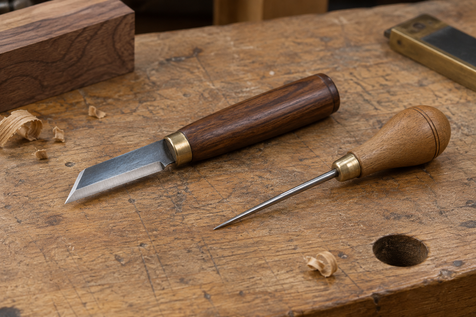 AI-generated editorial illustration of marking knife and awl
