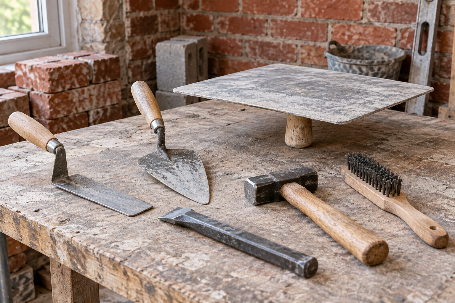 AI-generated editorial illustration of masonry repair handtools