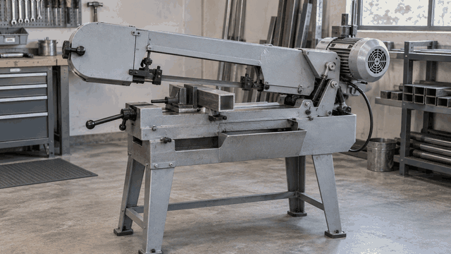Editorial illustration: horizontal metal-cutting band saw with a stock-holding vise.