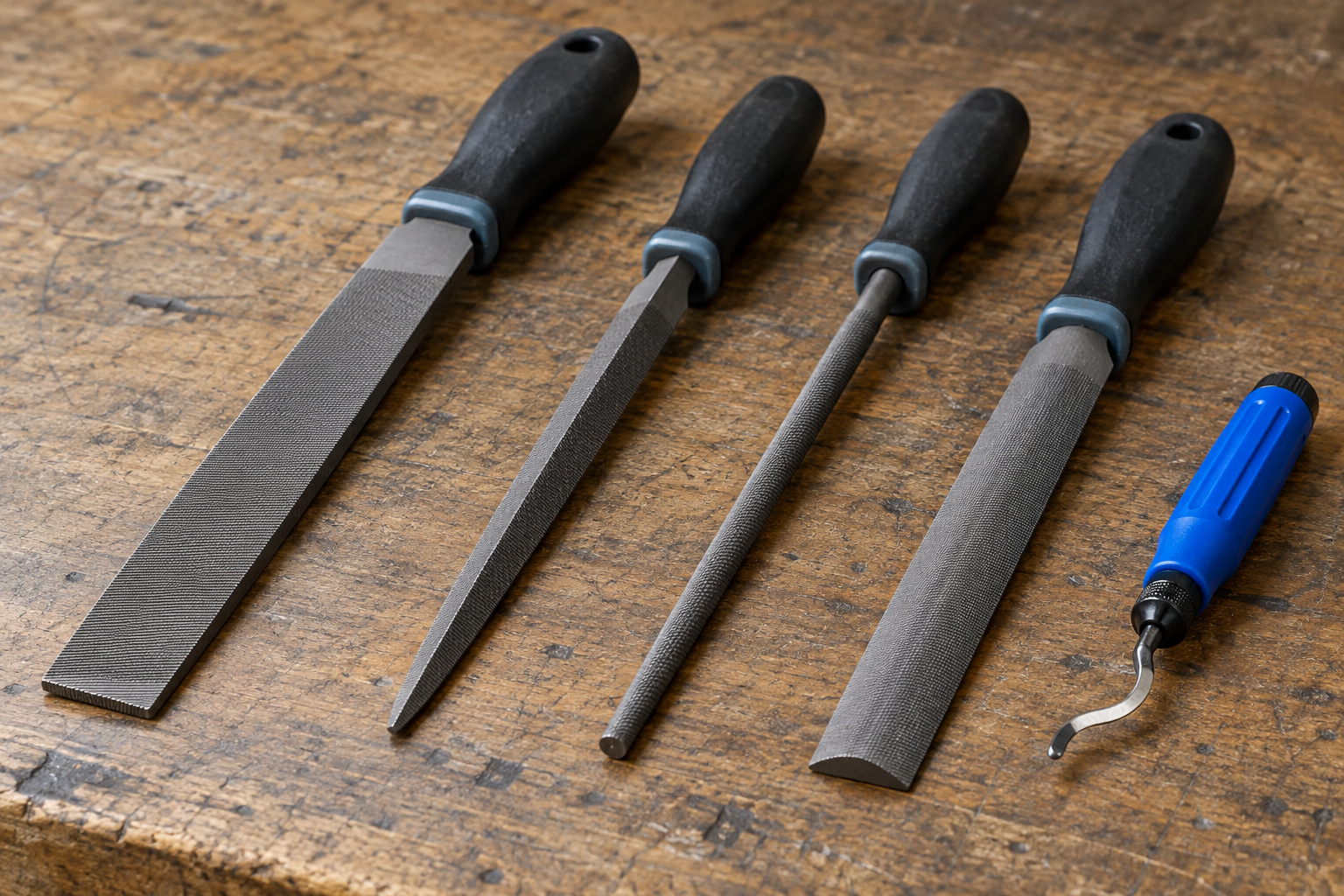 AI-generated editorial illustration of metal files and deburring tools