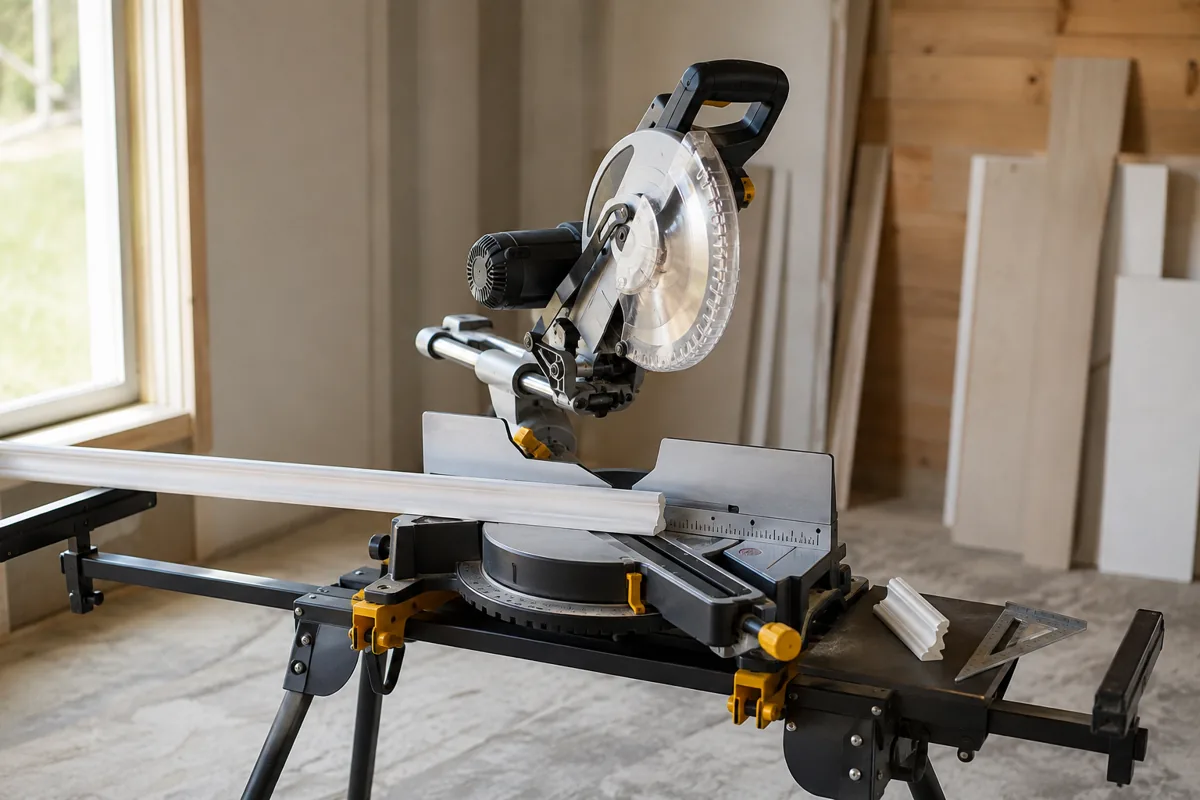 Editorial illustration: sliding miter saw on a stand in a woodworking shop.