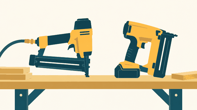 Editorial illustration: pneumatic and cordless nail guns set down on a workbench.
