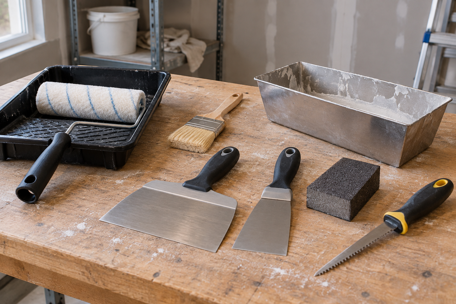 AI-generated editorial illustration of painting and drywall handtools