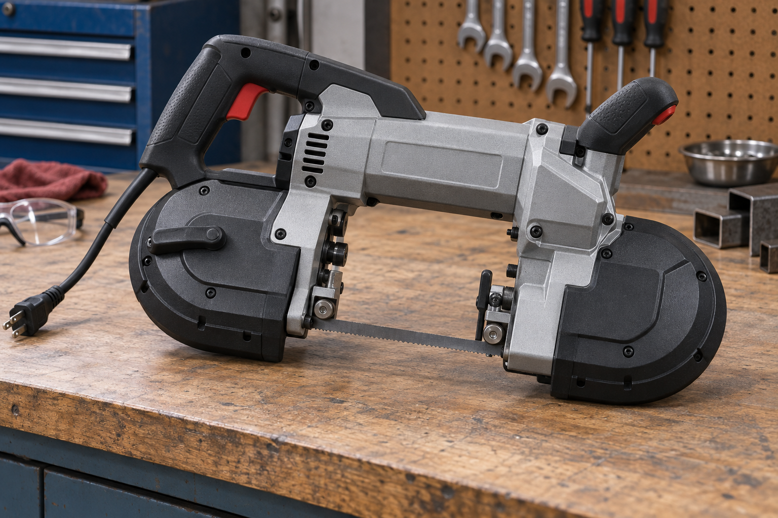 AI-generated editorial illustration of portable metal bandsaw