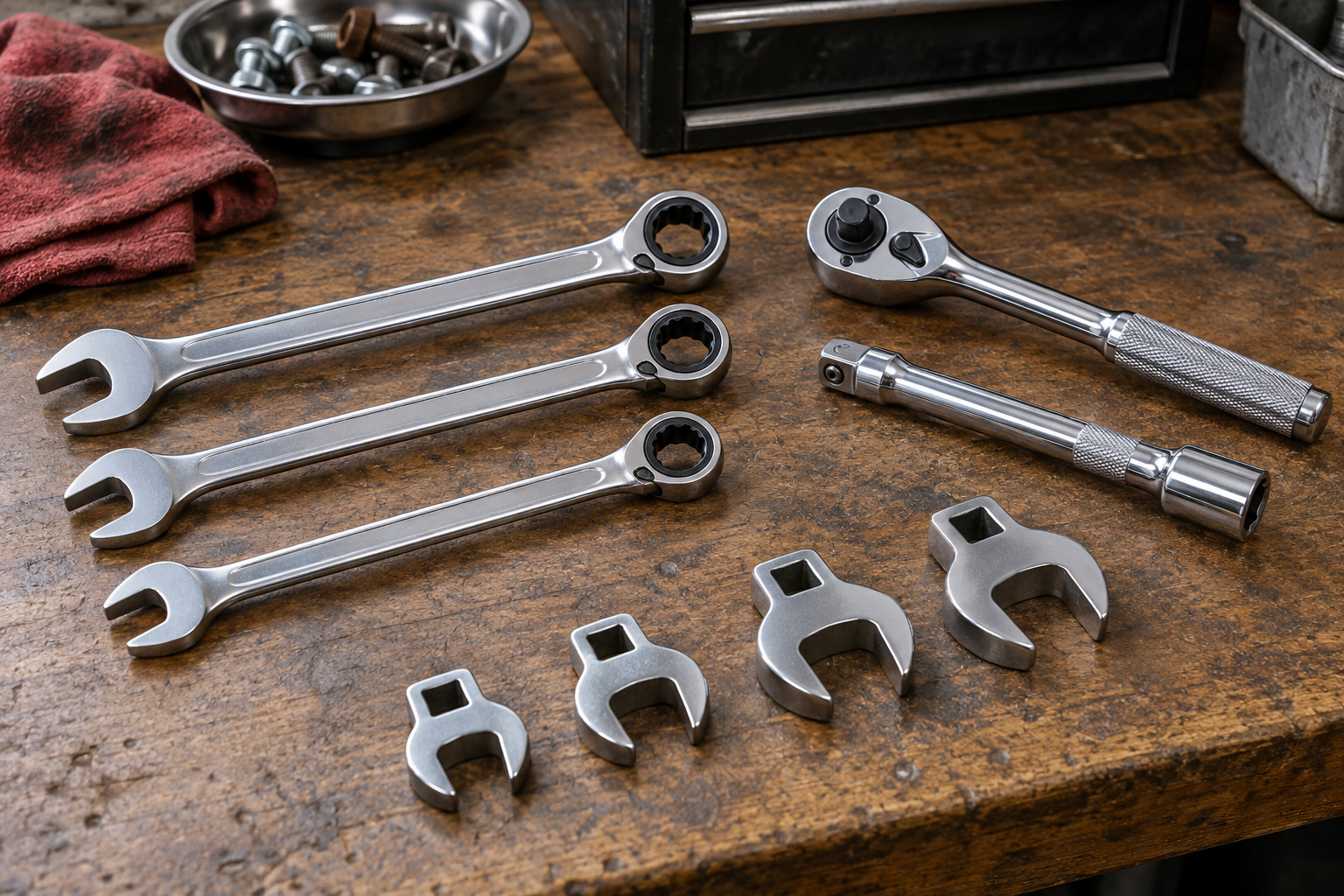 AI-generated editorial illustration of ratcheting wrenches and crowfoot heads