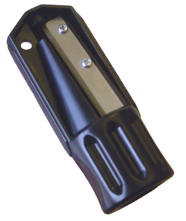 Dark carpenter-pencil and lumber-crayon sharpener with visible elongated guide opening and screwed metal blade.