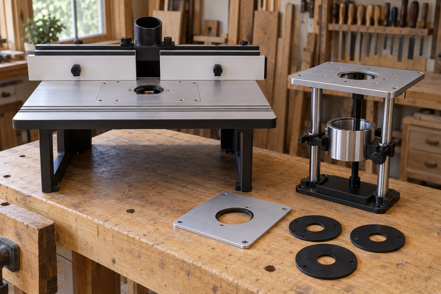 AI-generated editorial illustration of router table lift and insert plates