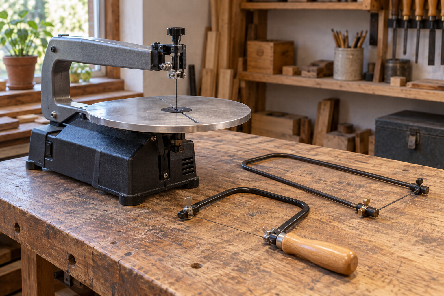 AI-generated editorial illustration of scroll saw and coping saw