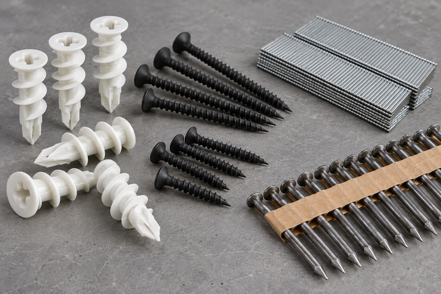 AI-generated editorial illustration of self drilling anchors and collated fasteners